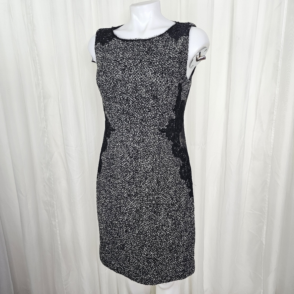 Elie Tahari Gray Wool Sleeveless Sheth Cocktail Dress Lace Leopard Boucle 6